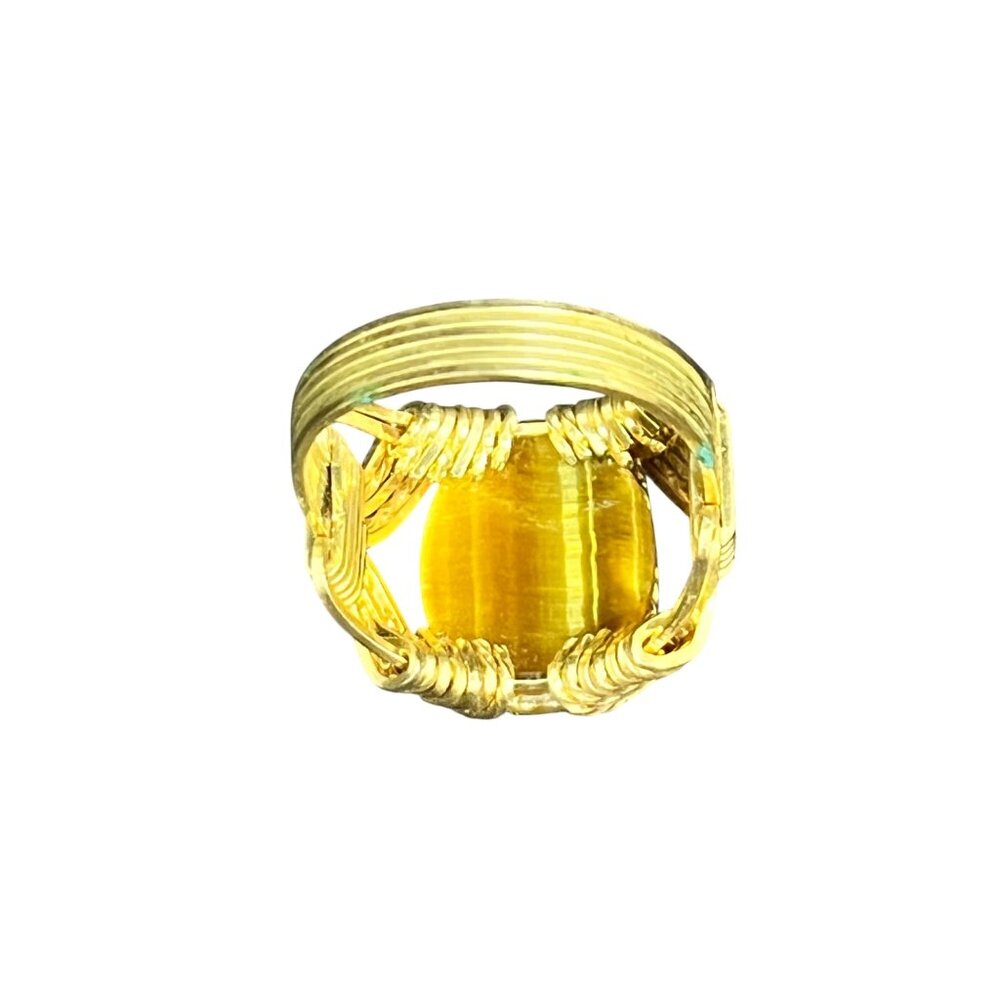 Vintage Gold Filled Wire Wrapped Tigers Eye Cabochon Men's Ring (R220-1) - Picture 6 of 13